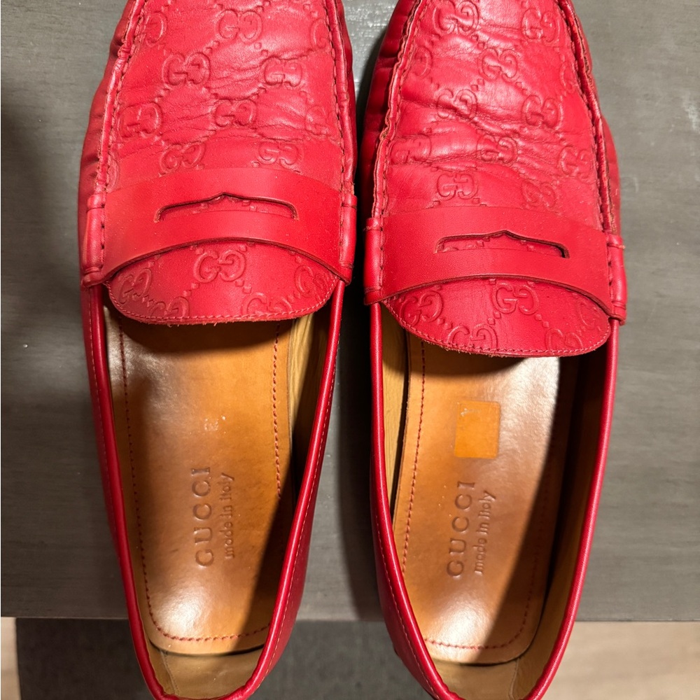 Gucci Embossed Red Leather Loafers